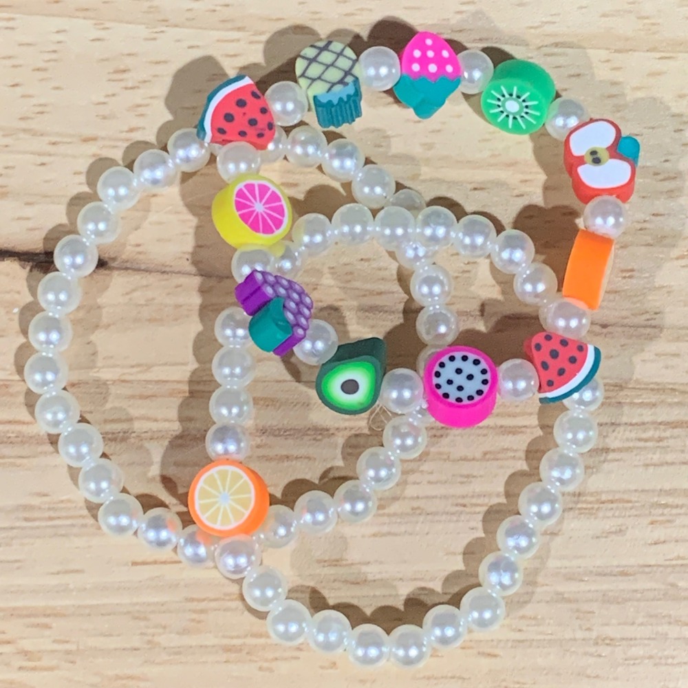 Handcrafted 3pc Faux Pearl‎ Fruit Beaded Bracelet Kawaii Kidcore Summer Stretch